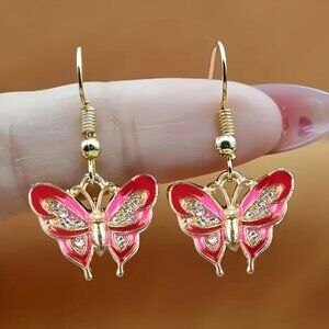 Fucsia Pink Butterfly Metallic Enamel Dangle Goldtoned Fashion Earrings set